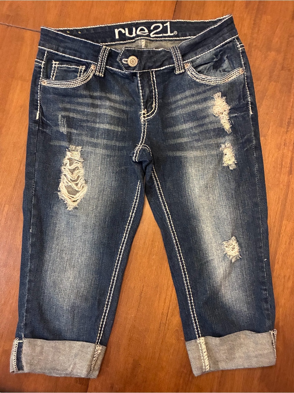 Rue21 Distressed Dark Blue Cropped Jeans with Rolled Hems